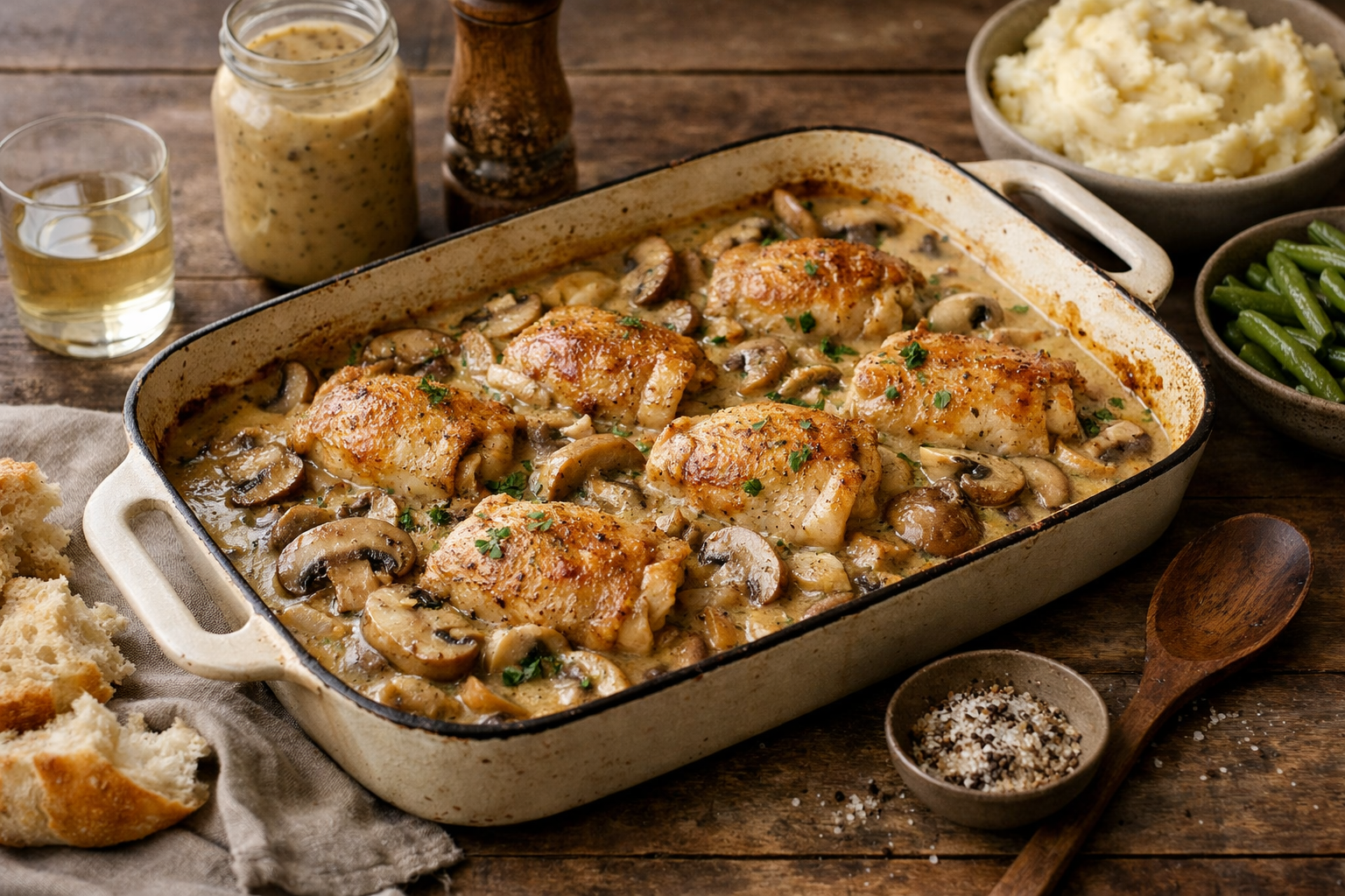 Creamy Mushroom and Chardonnay Chicken Tray Bake