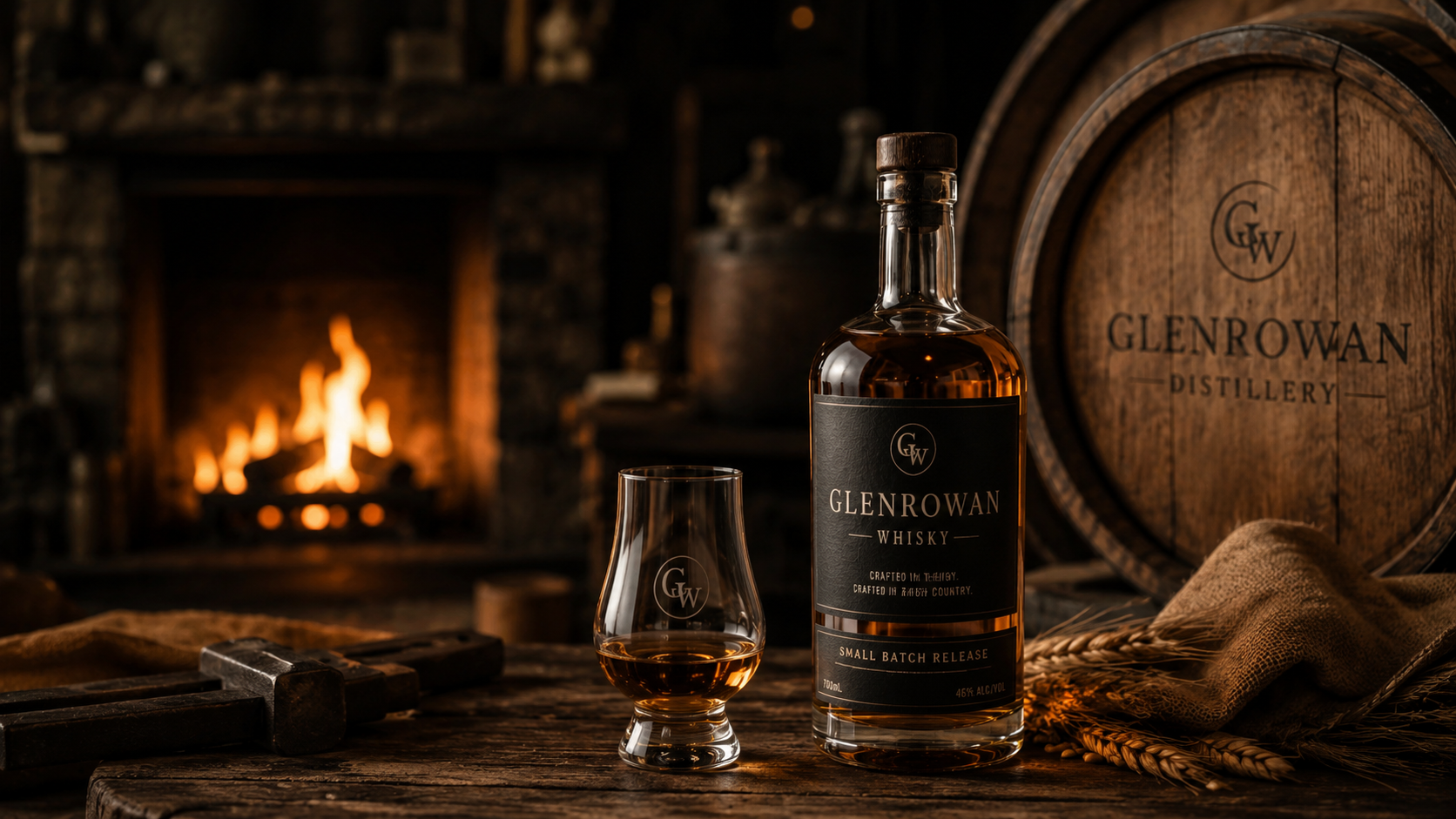 Small batch Glenrowan Whisky bottle and whisky glass beside a fire in a rustic High Country distillery setting.