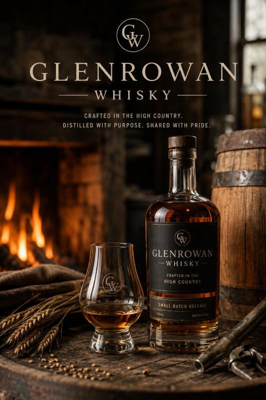 Small batch Glenrowan Whisky bottle and whisky glass beside a fire in a rustic High Country distillery setting.