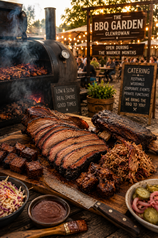 King Valley BBQ smoked brisket, ribs and pulled pork served beside a smoker at The BBQ Garden in Glenrowan during a summer evening service.
