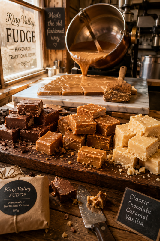Freshly cut King Valley Fudge showcasing smooth texture and handcrafted confectionery made in regional Victoria.
