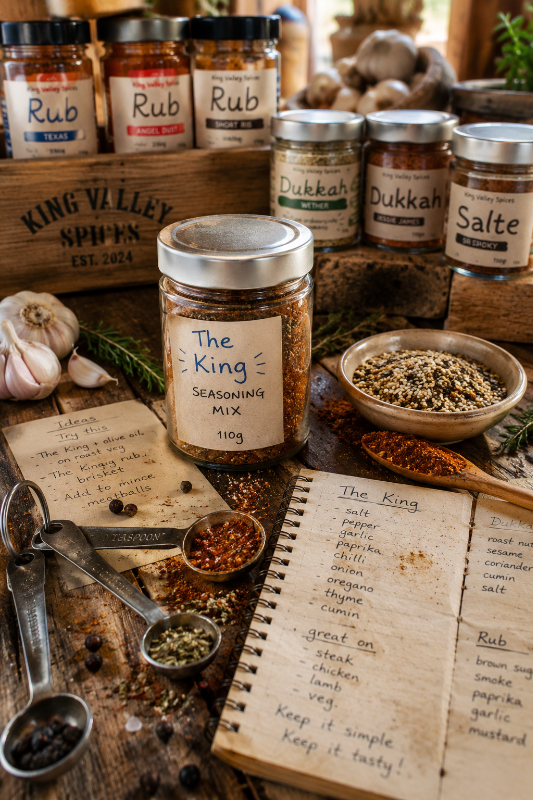 Handcrafted King Valley Spices products including seasoning blends, dukkahs and barbecue rubs displayed alongside recipe notes and fresh ingredients.