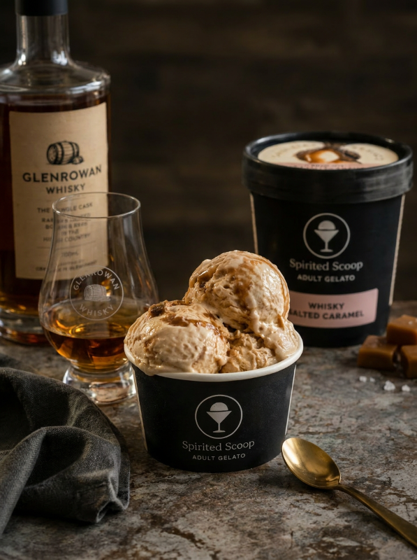 Spirited Scoop adult gelato featuring whisky salted caramel flavour with Glenrowan Whisky and handcrafted gelato in Glenrowan Victoria.